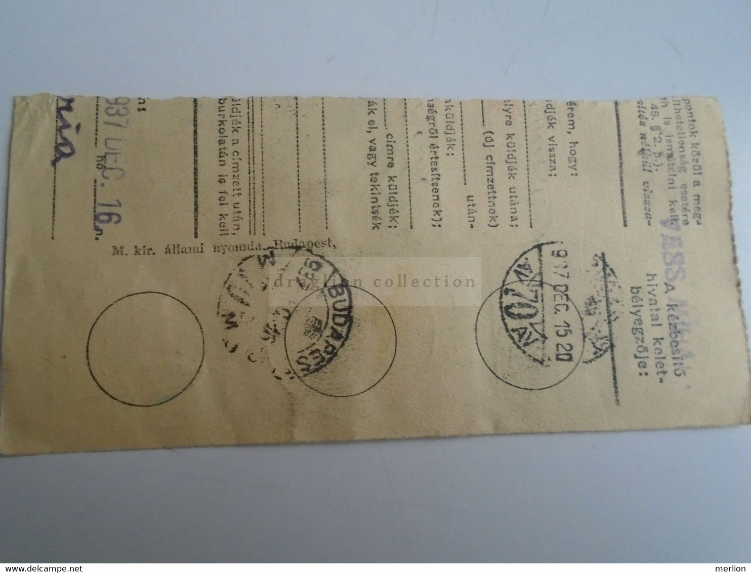 D187463    Parcel Card  (cut) Hungary 1937  KAJÁSZÓ  Kajászószentpéter - Colis Postaux