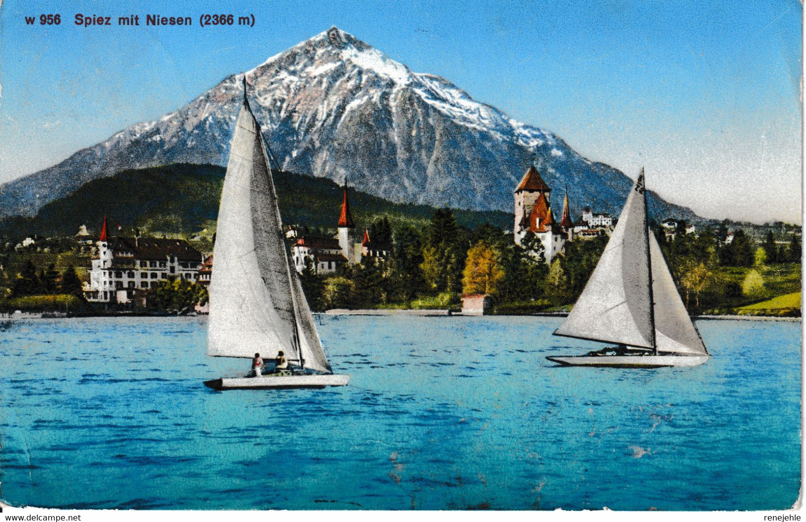 Spiez Mit Niesen Mit Segelbooten. Stempel: Aeschi B. Spiez. - Aeschi Bei Spiez