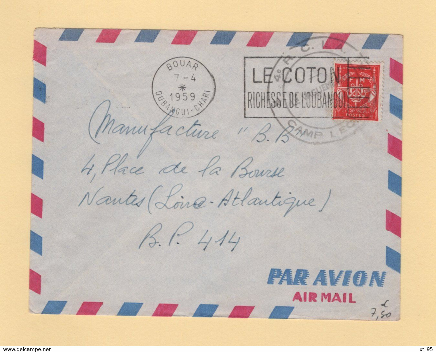 Timbre FM - Oubangui Chari - Bouar - 1959 - Camp Leclerc - 4e RCIA - Sellos De Franquicias Militares