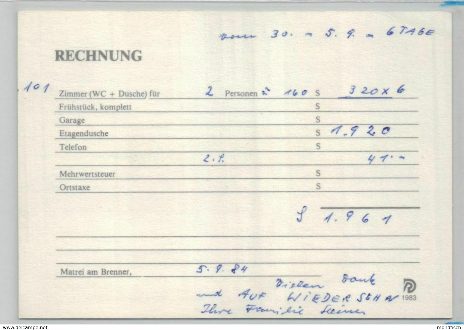 Matrei Am Brenner - Haus Steiner - Rechnung Vom 5. 8. 1984 - Auto - Matrei Am Brenner