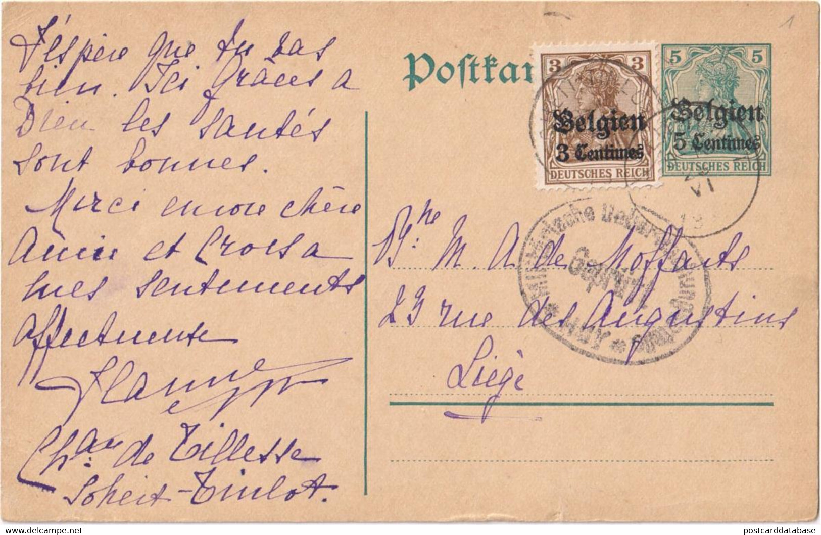 Stamped Stationery Belgium German Occupation - Sent From Soheit-Tinlot To Liege - Stamp Huy - Deutsche Besatzung