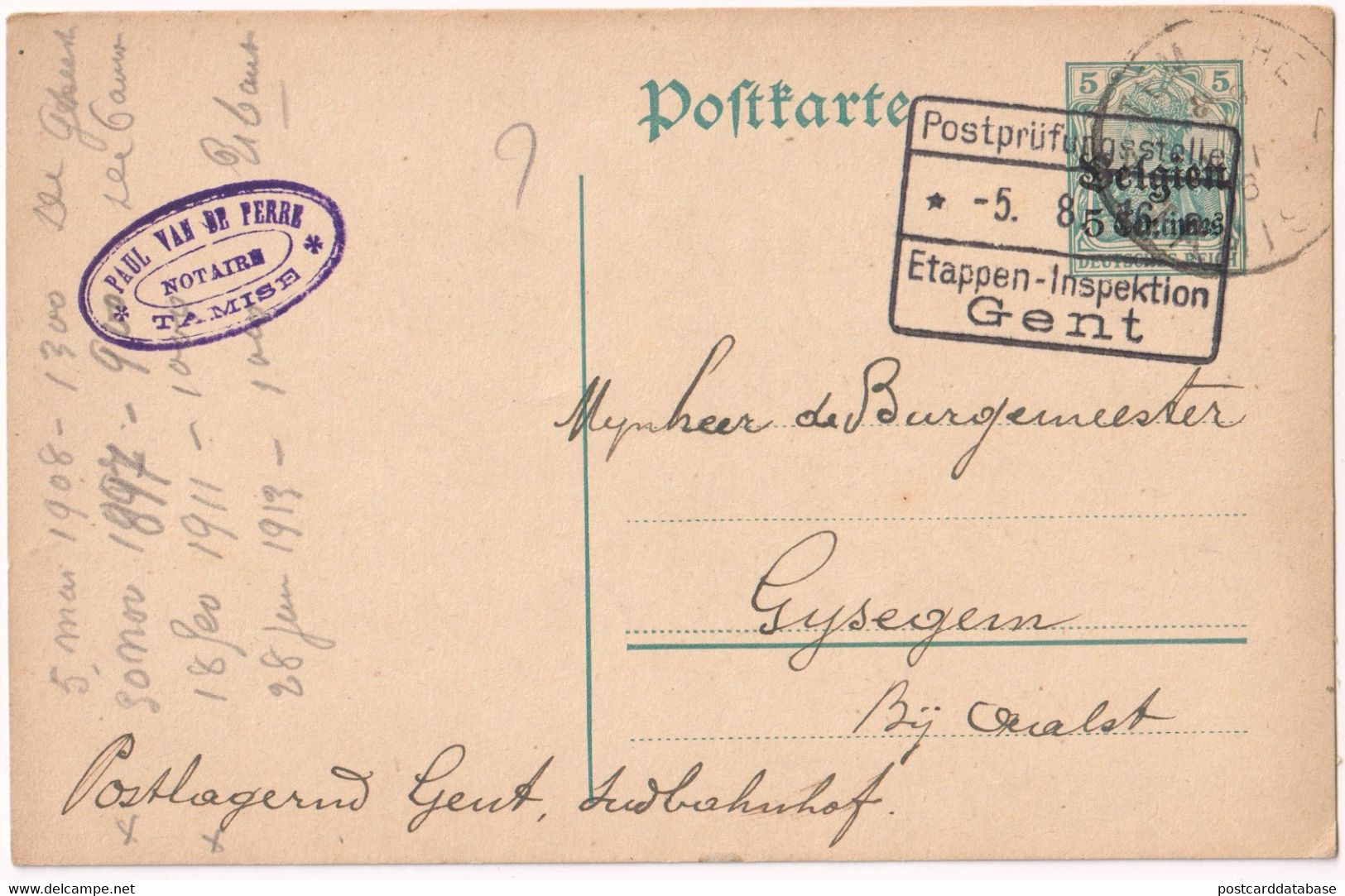 Stamped Stationery Belgium German Occupation - Sent From Temsche Temse To Gysegem - Postprüfungsstelle Gent - Stamp Pau - German Occupation