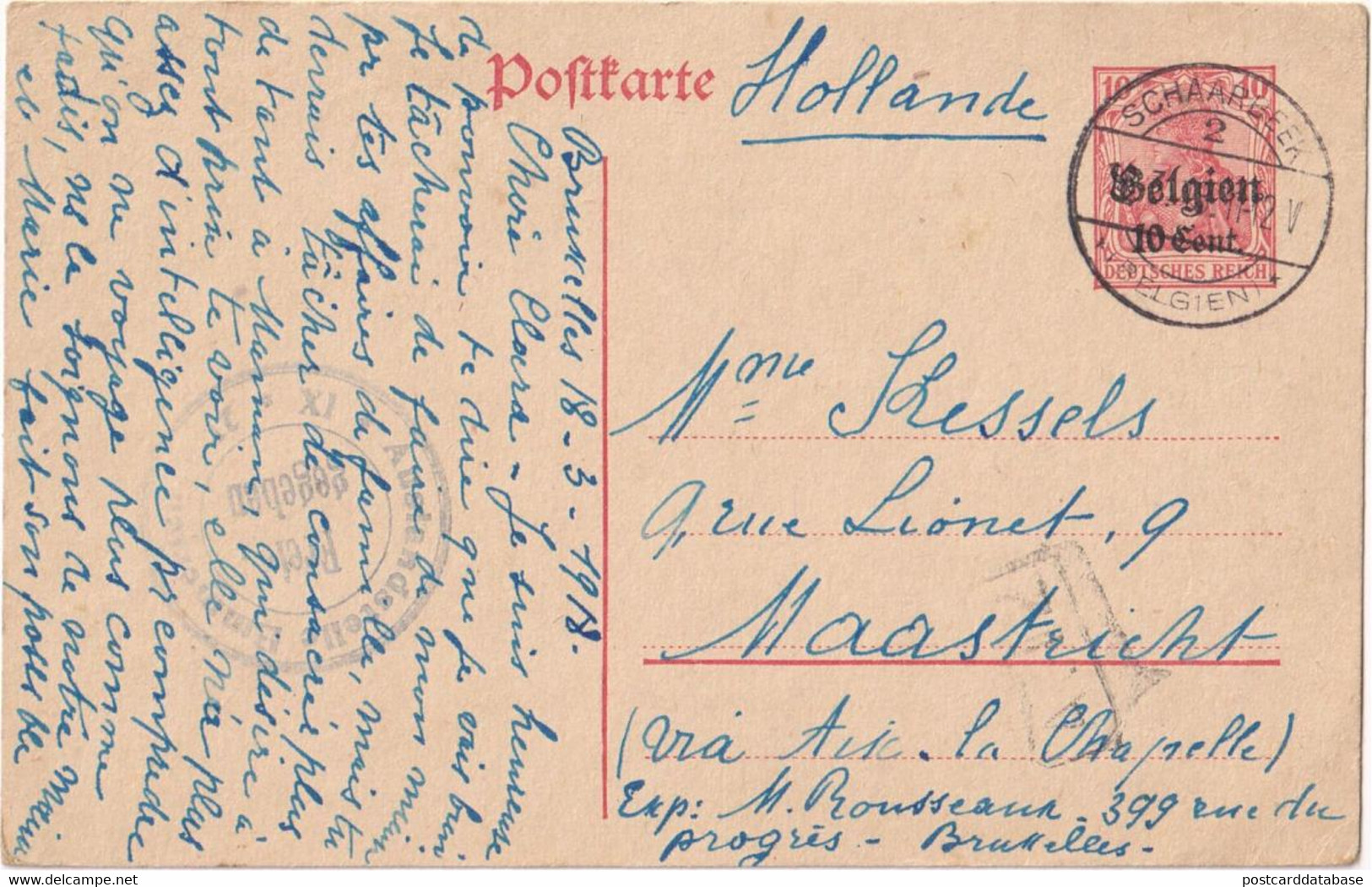 Stamped Stationery Belgium German Occupation - Sent From Schaarbeek To Maastricht - Occupation Allemande