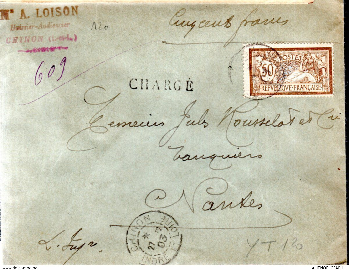 LETTRE RECOMMANDEE CHARGEE 1903 - POSTEE A CHINON - AFFRANCHISSEMENT MERSON - CACHET POSTAL ARRIVEE TOURS - - Briefe U. Dokumente