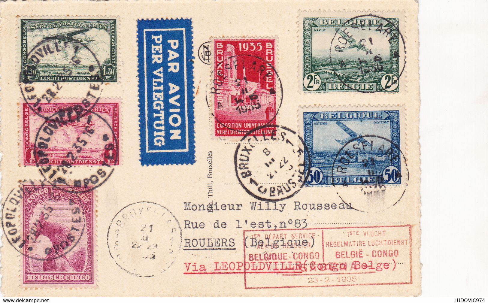 CONGO BELGE 21-2-1935 Sabena Bruxelles - Leopoldville Carte Postale « 1er Départ Service Aérien Régulier Belgique Congo - Brieven En Documenten