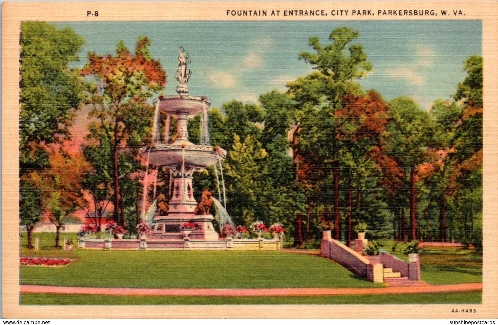 West Virginia Parkersburg City Park Fountain At Entrance Curteich - Parkersburg
