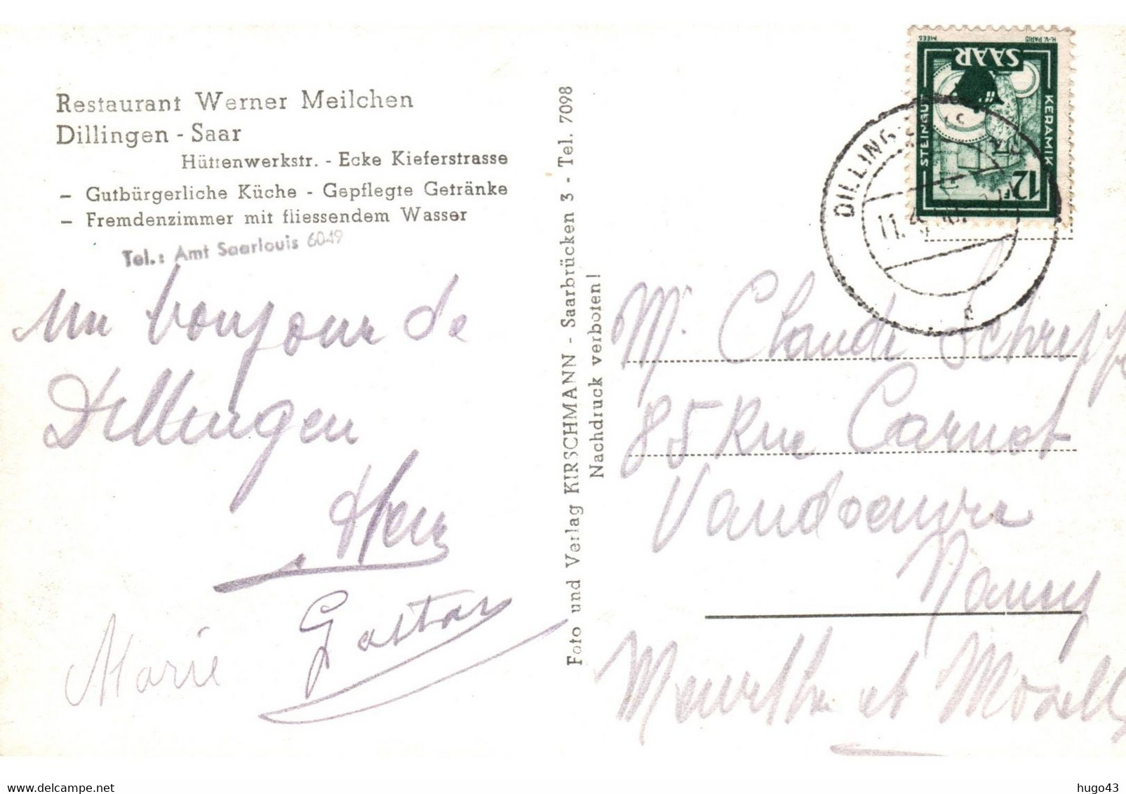 (RECTO / VERSO) SAAR DILLINGEN EN 1950 - RESTAURANT WERNER MEILCHEN -  BEAU TIMBRE ET CACHET - FORMAT CPA - Kreis Saarlouis