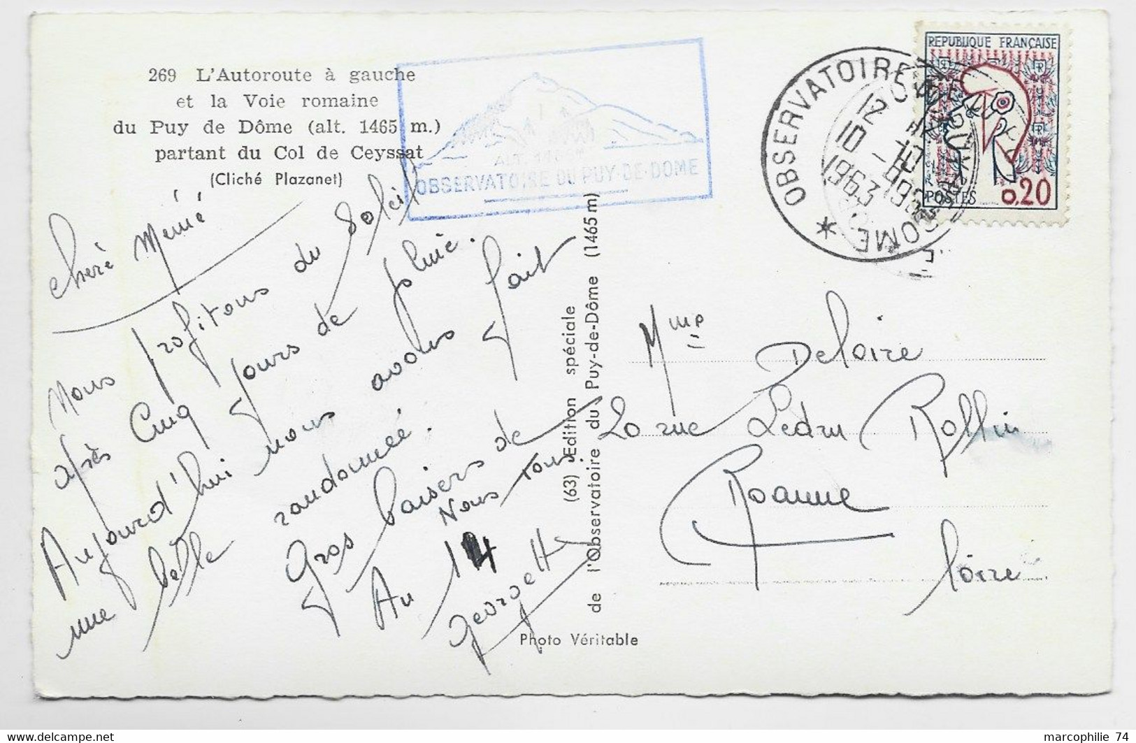 FRANCE COCTEAU 20C CARTE OBSERVATOIRE DU PUY DE DOME 10.8.1963 + GRIFFE PRIVEE - 1961 Marianne De Cocteau
