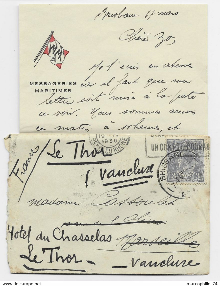 AUSTRALIA  3P SOLO LETTRE COVER BRISBANE 1930 TO FRANCE  CIE MESSAGERIES MARITIMES - Storia Postale