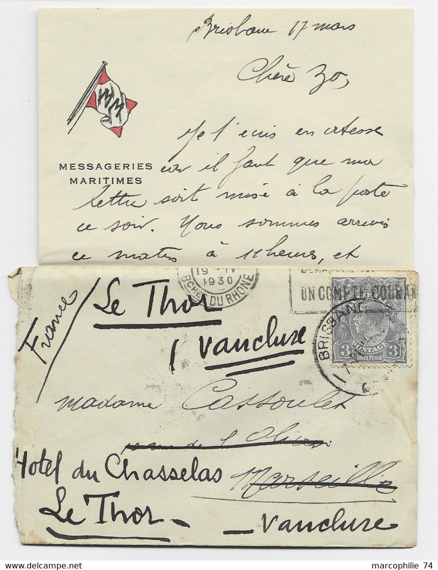 AUSTRALIA  3P SOLO LETTRE COVER BRISBANE 1930 TO FRANCE  CIE MESSAGERIES MARITIMES - Cartas & Documentos