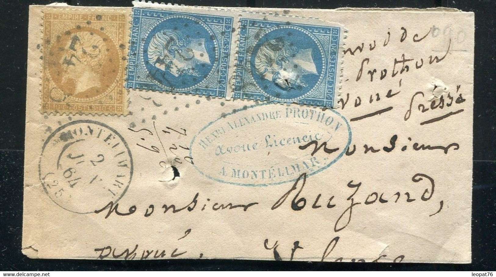 Bande D'Avoué De Montélimar En 1864 Avec Napoléons 10ct +20c En Paire - Standard Covers & Stamped On Demand (before 1995)