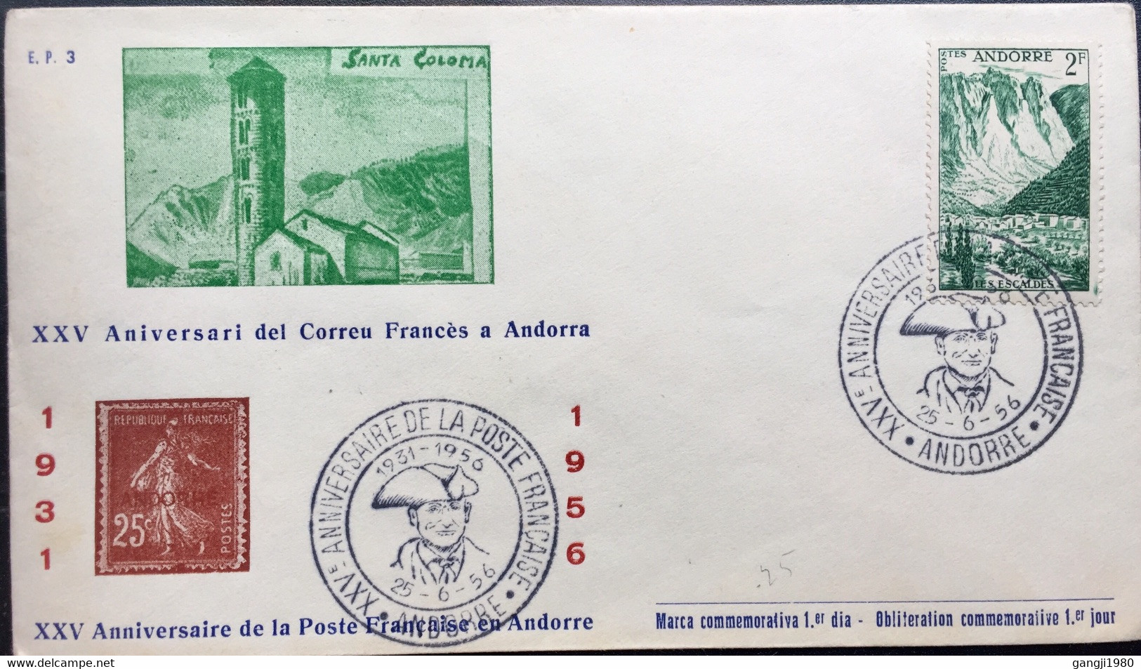 Andorre  1956 Anniversaire De La Poste Française Sur Lettre - Lettres & Documents