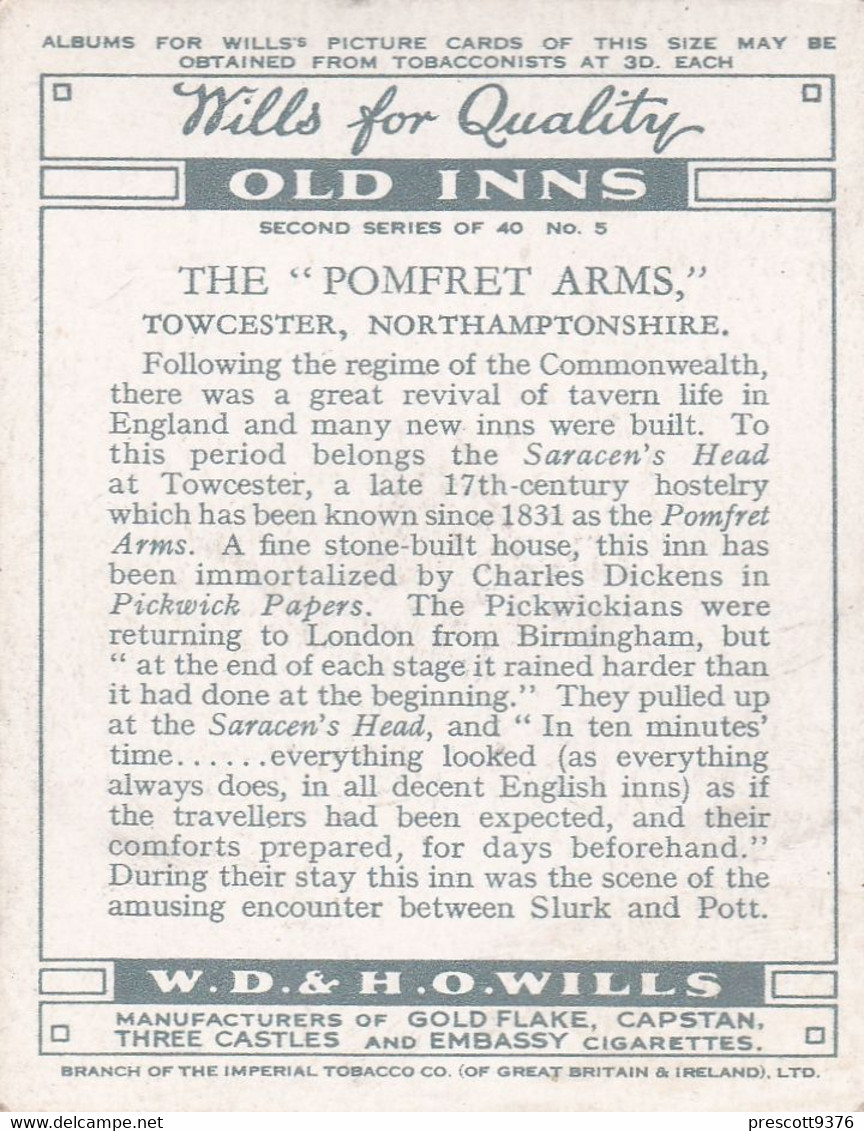 5 Pomfret Arms, Towcester Northants - Old Inns 1939  - Wills Cigarette Card - L Size 6x8cm - Wills