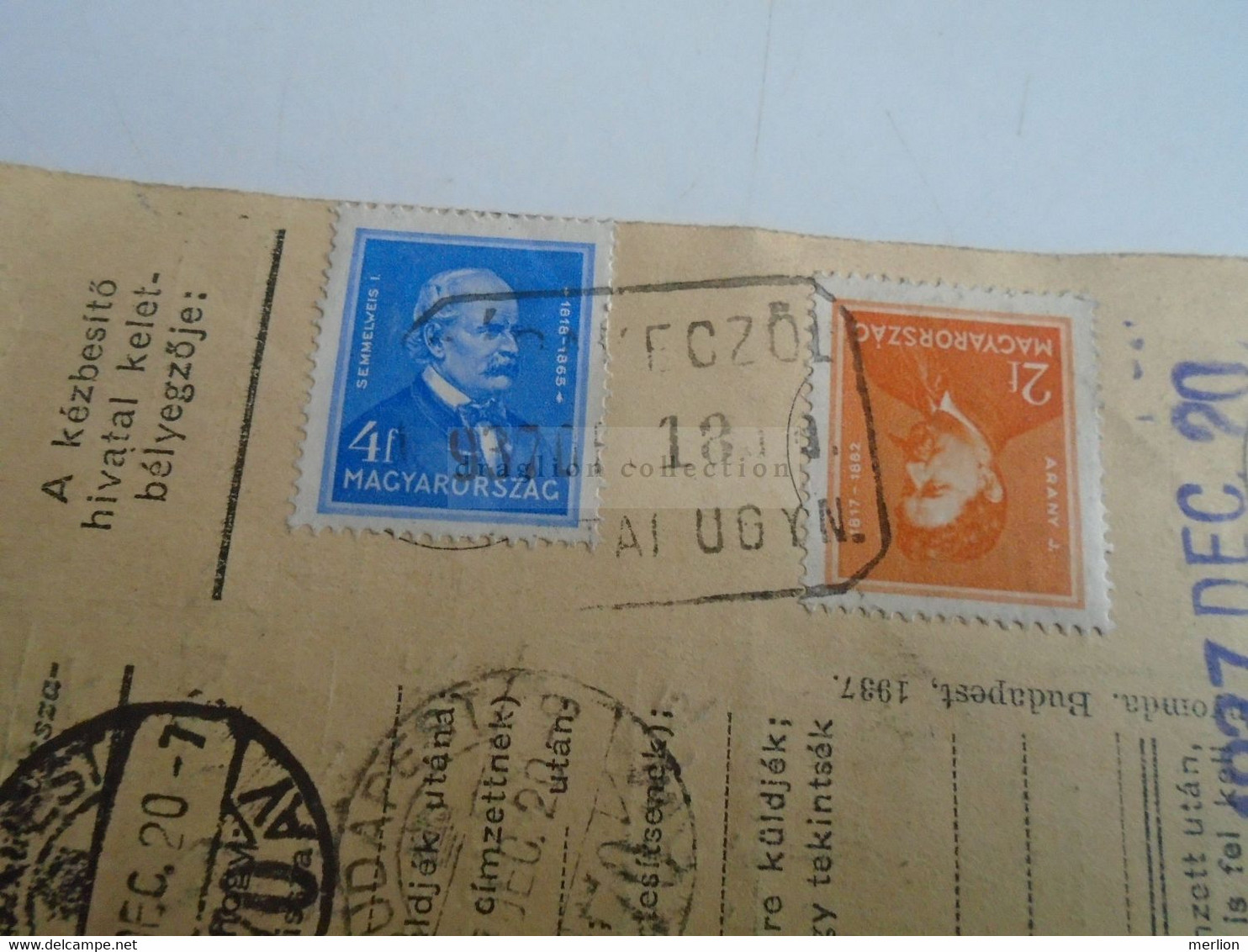 D187470  Parcel Card  (cut) Hungary 1937 RÁBAKECZÖL  Rábakecöl - Colis Postaux
