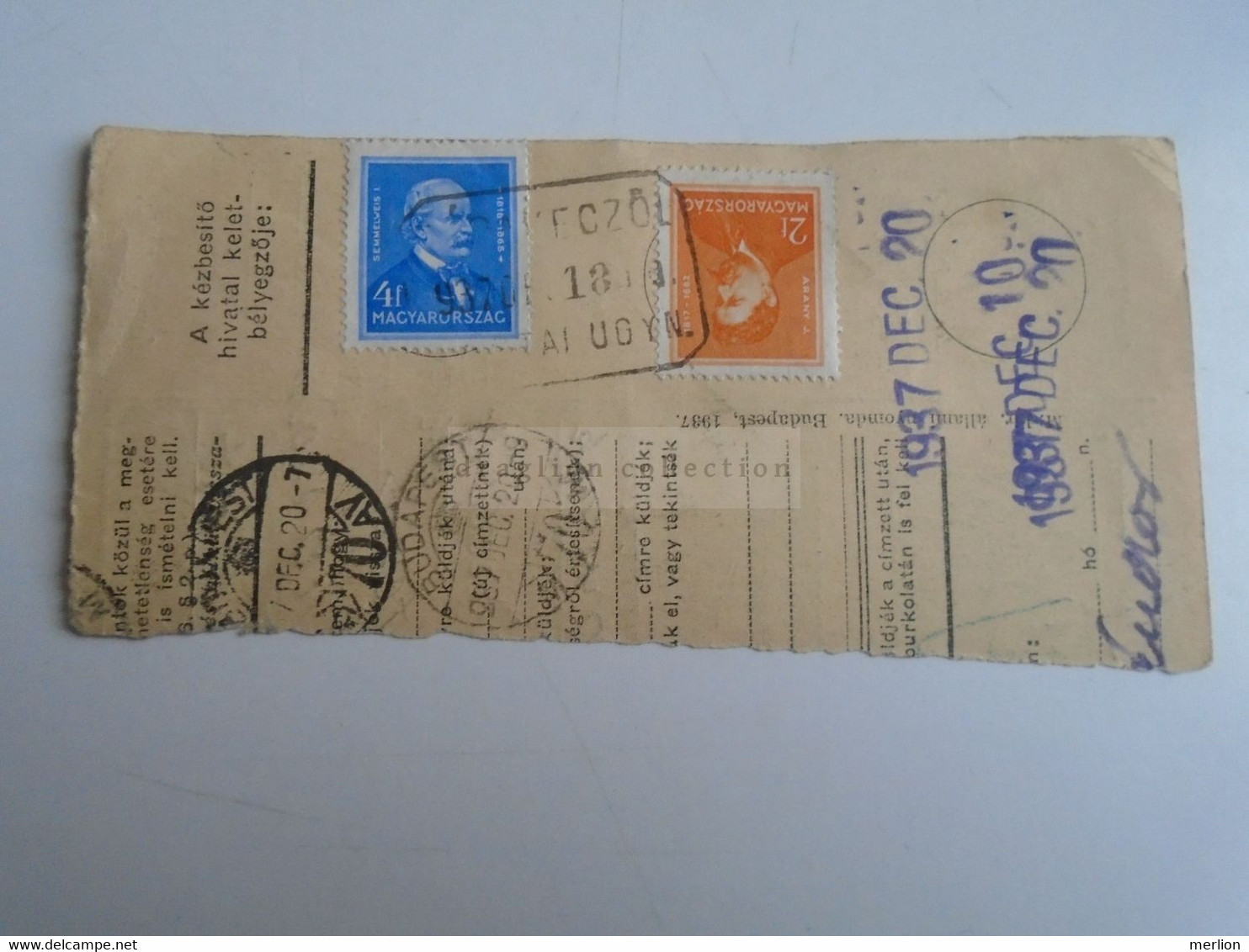 D187470  Parcel Card  (cut) Hungary 1937 RÁBAKECZÖL  Rábakecöl - Pacchi Postali