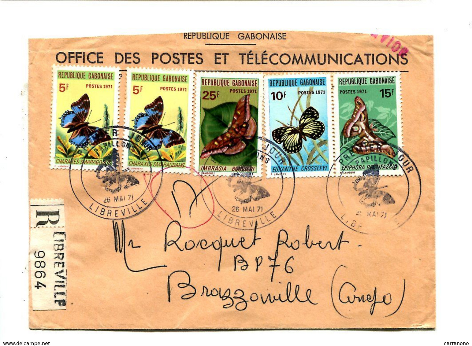 GABON 1969 - Affr. Sur Lettre Recommandée + Cachet - Papillons Butterfly - Papillons