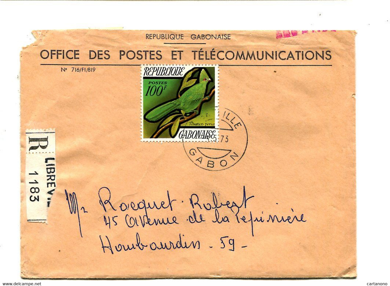 GABON 1973 - Affr. Sur Lettre Recommandée + Cachet - 100F Oiseau - Gabón (1960-...)