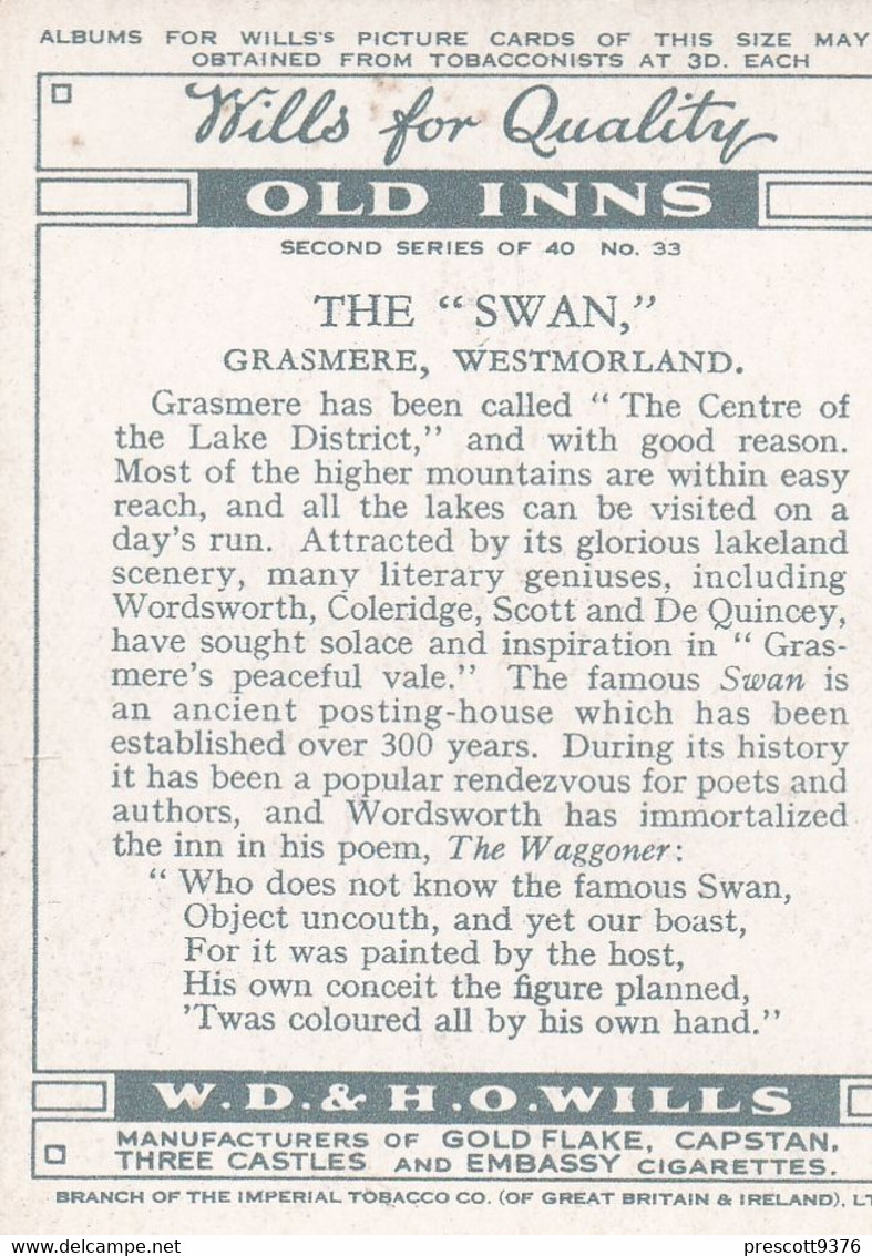 33 The Swan, Grasmere, Cumbria - Old Inns 1939  - Wills Cigarette Card - L Size 6x8cm - Wills