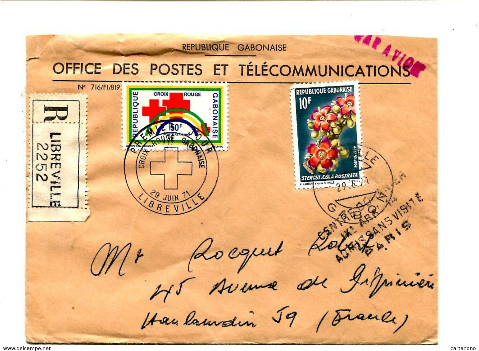 GABON 1971 - Affr. Sur Lettre Recommandée + Cachet + Etiquette Douane - Croix Rouge / Fleurs - Gabon (1960-...)