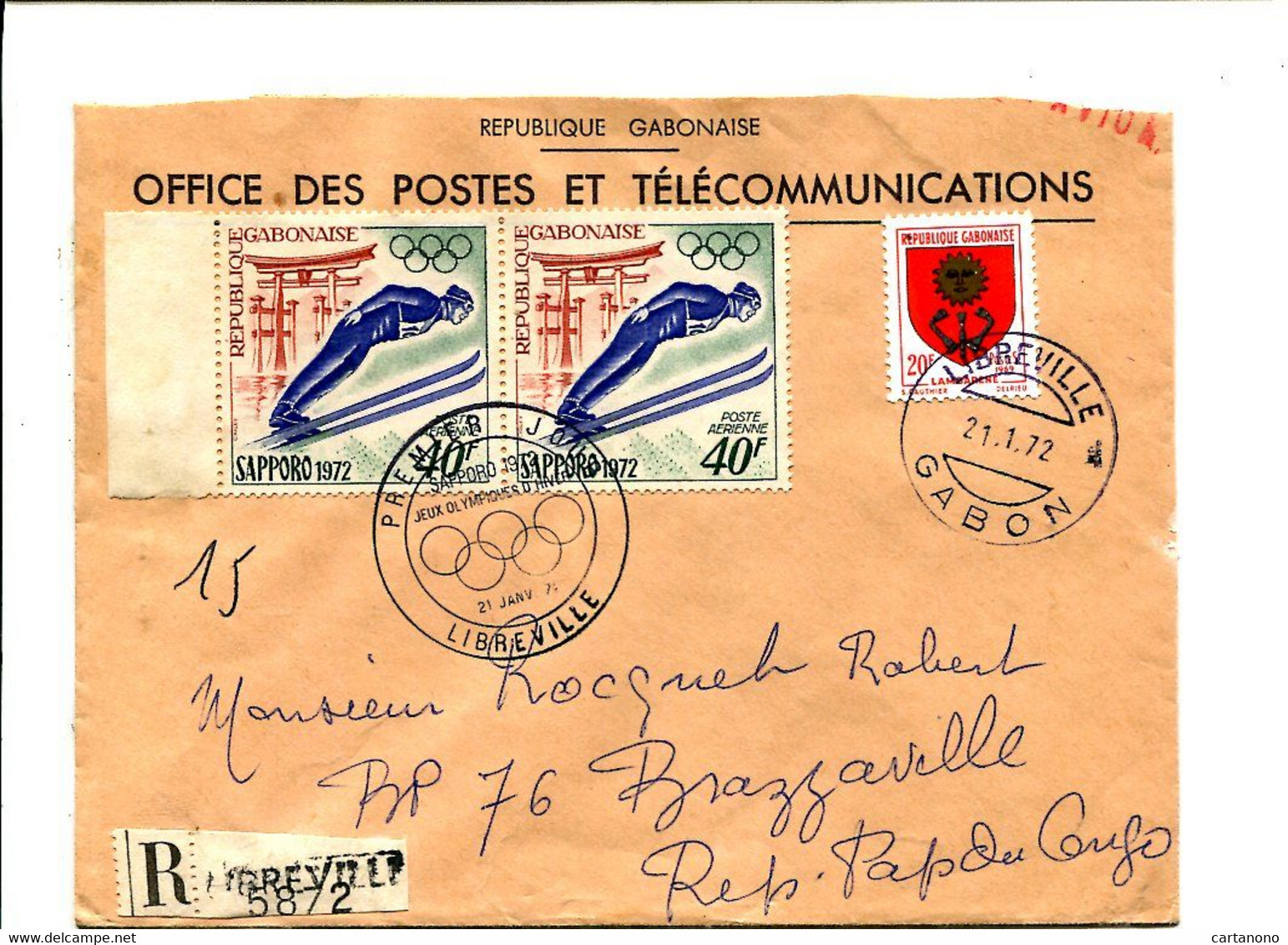 GABON 1972 - Affr. Sur Lettre Recommandée + Cachet  - Jeux Olympiques SAPPORO  Saut à Ski - Gabun (1960-...)