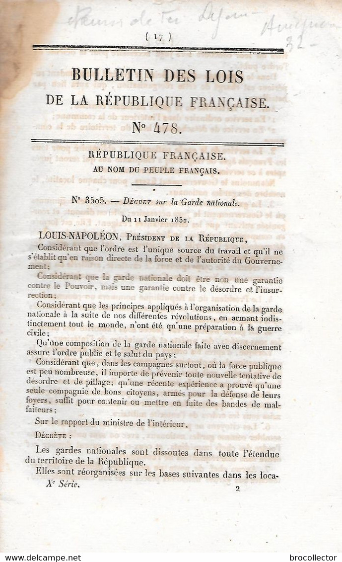 BULLETIN Des LOIS  1852 - ( Chemin De Fer Lyon Avignon ) - Dissolution Des Gardes Nationales - Chemin De Fer