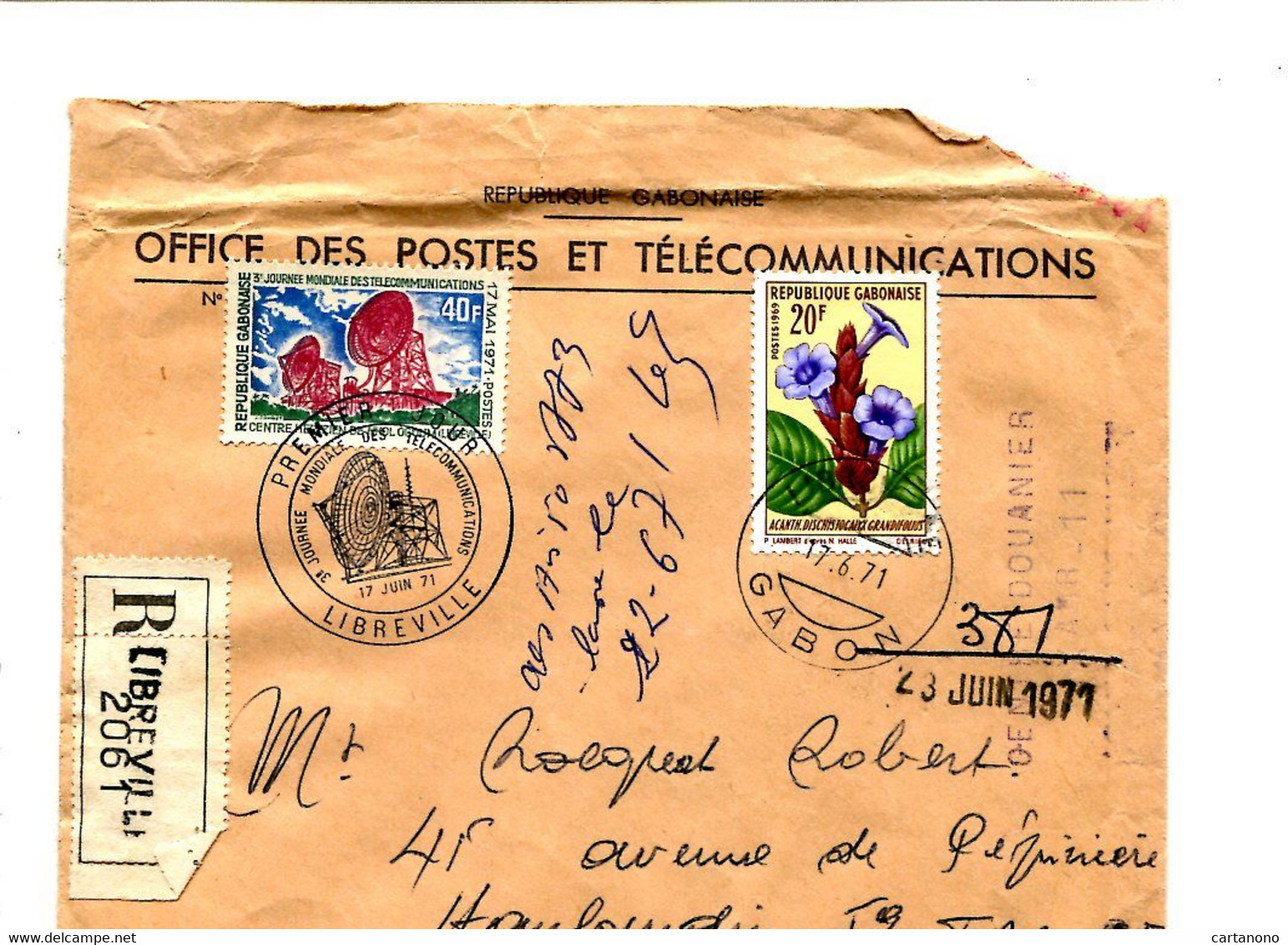 GABON 1971 - Affr. Sur Lettre Recommandée + Cachet + Etiquette Douane - Télécommunication - Gabon (1960-...)