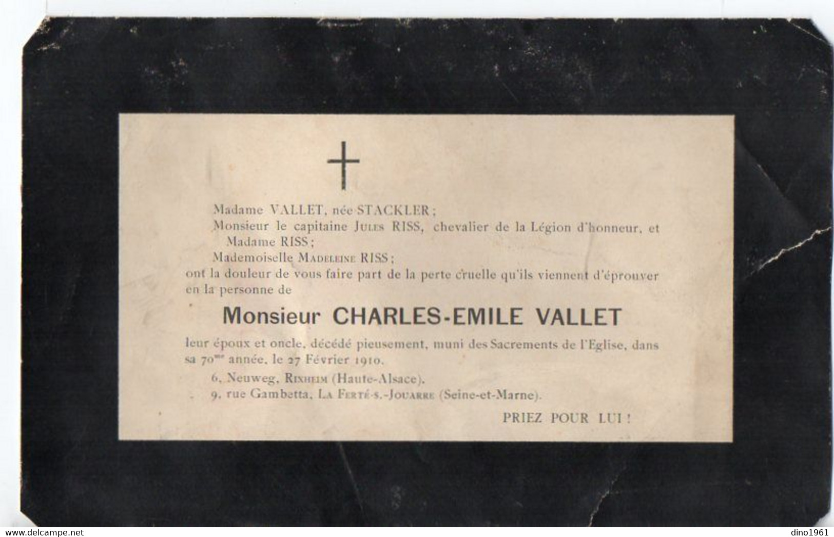 VP18.943 - RIXHEIM X LA FERTE SOUS JOUARRE 1910 - Généalogie - Faire Part De Décès De Mr Charles Emile VALLET - Décès