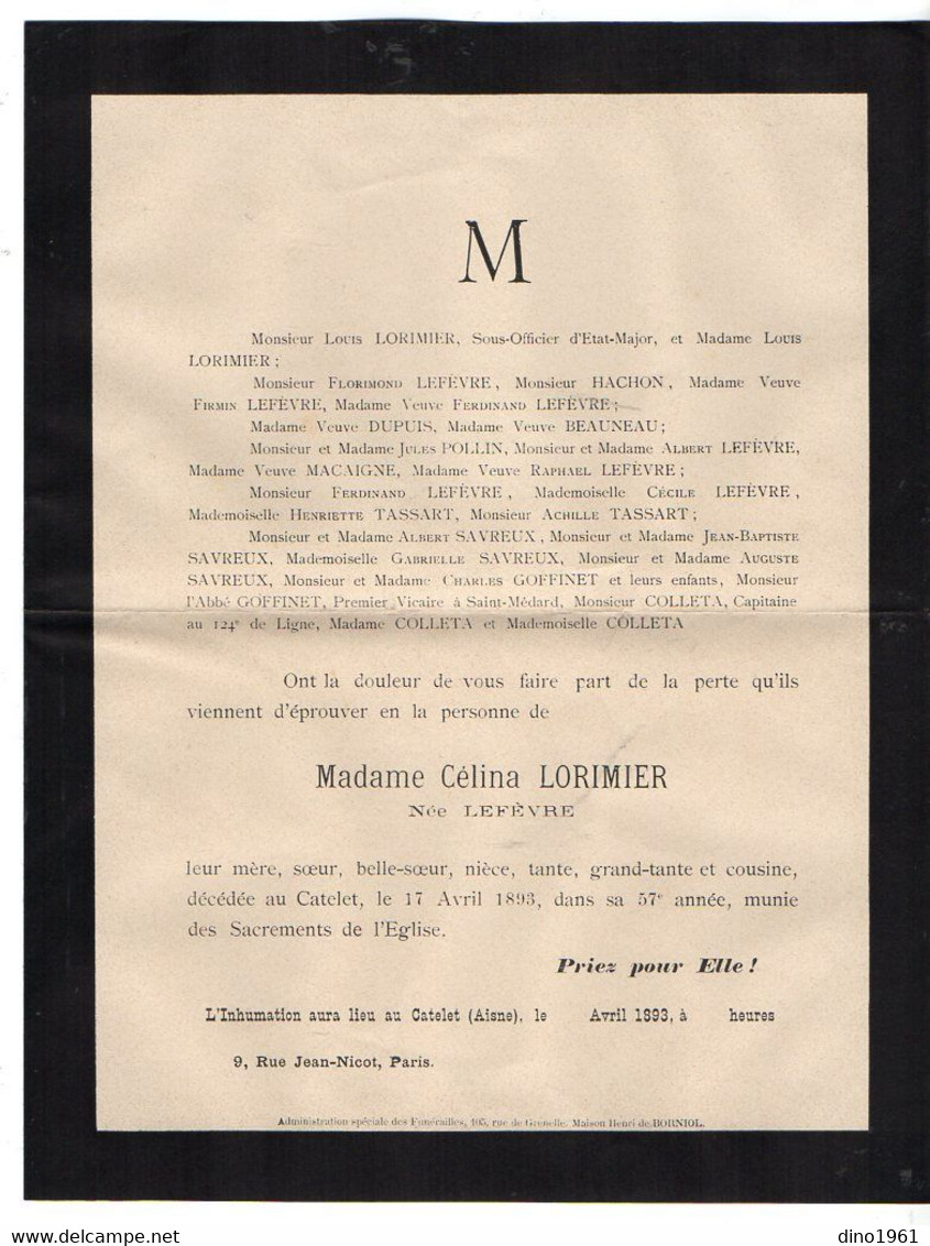 VP18.946 - CATELET ( Aisne ) 1893 - Généalogie - Faire Part De Décès De Mme Célina LORIMIER Née LEFEVRE - Décès
