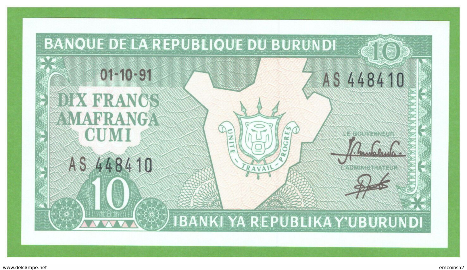 BURUNDI 10 FRANCS 1991 AP P-33b  UNC - Burundi