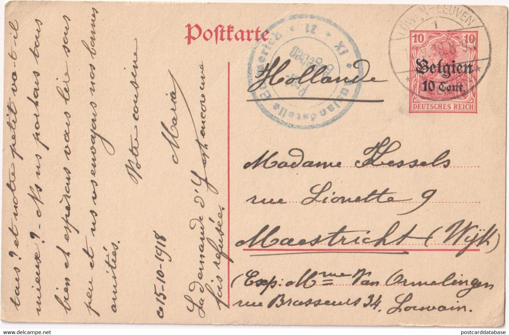 Stamped Stationery Belgium German Occupation - Sent From Löwen Leuven To Maastricht - Occupation Allemande