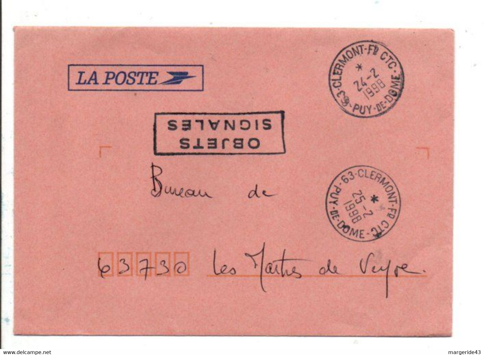 GRIFFE OBJETS SIGNALES SUR LETTRE DE SERVICE CE CLERMONT FERRAND CTC 1998 - Handstempel