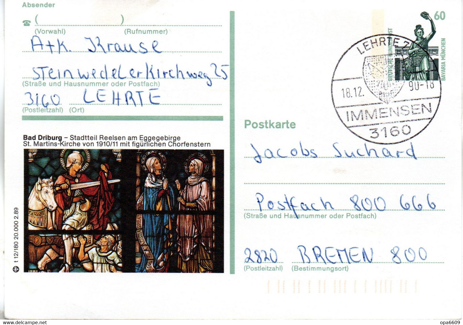 (BP6)BRD Bildpostk.60Pf.WSt.Sehenswürdigkeiten Bavaria München P139 T 12/180 "Bad Driburg" SSt.18.12.90 LEHRTE - Cartoline Illustrate - Usati