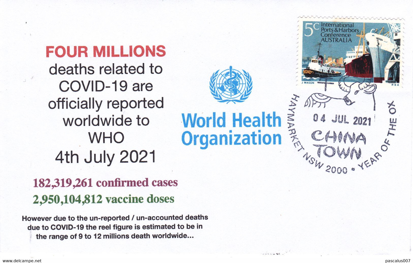 B01-379  FDC Rare Covid19 World Health Organization Soins De Santé Australie 04-07-2021 Chinatown - Japan (BCOF)