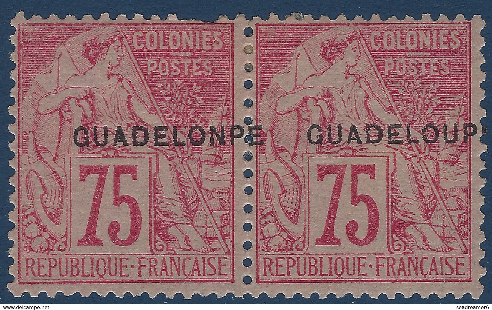 France Colonies Guadeloupe N° 25ca* Paire 75c Rose Variété GUADELONPE Tenant à Normal Décalé RR Signé BEHR - Unused Stamps