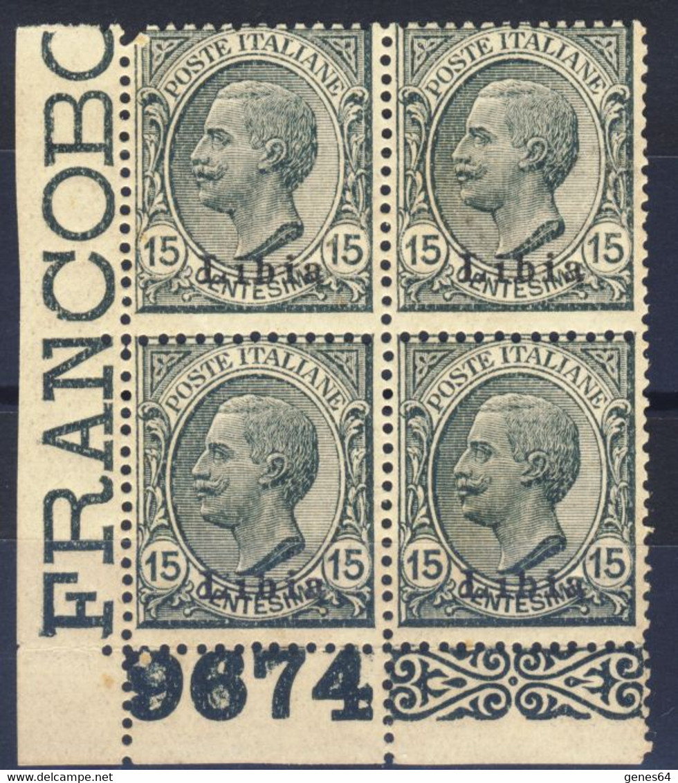 1921 - Libia - V.E.III. Tipo Leoni 15 C. In Quartina Angolo Di Foglio Con Numero Di Tavola MNH** LUSSO - Libyen