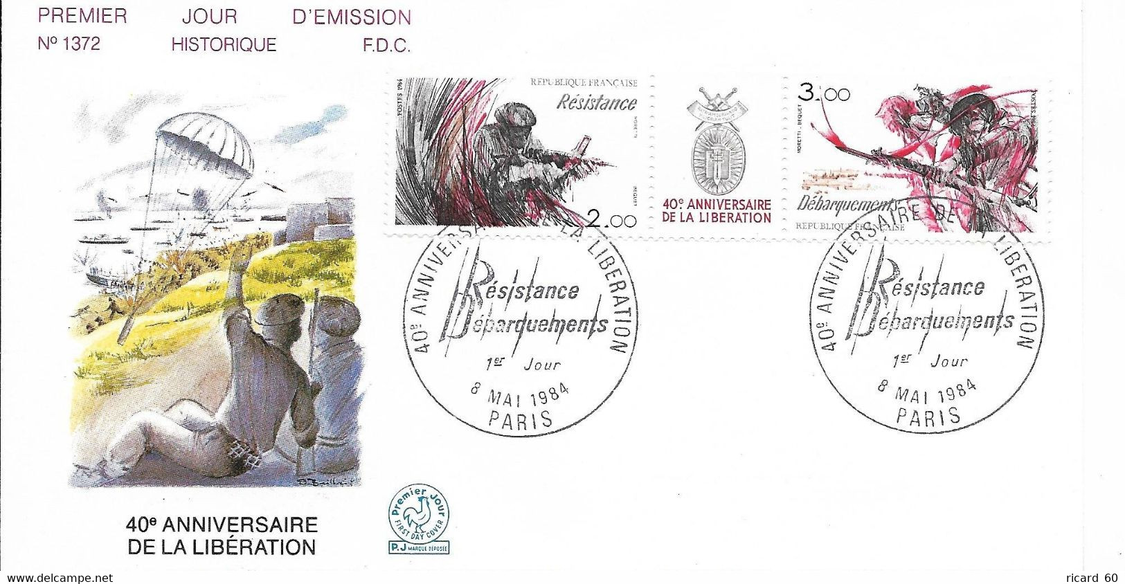 Env Fdc France 8/5/84 Paris, N°2313A Yt, 40 Ans De La Libération, Triptyque, Parachutistes - 1980-1989