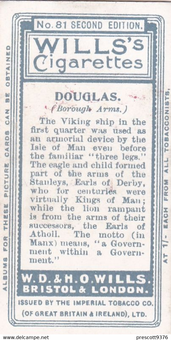 Borough Arms 1906 - 81 Douglas Isle Of Man - Wills Cigarette Card - Original  - Antique - Wills