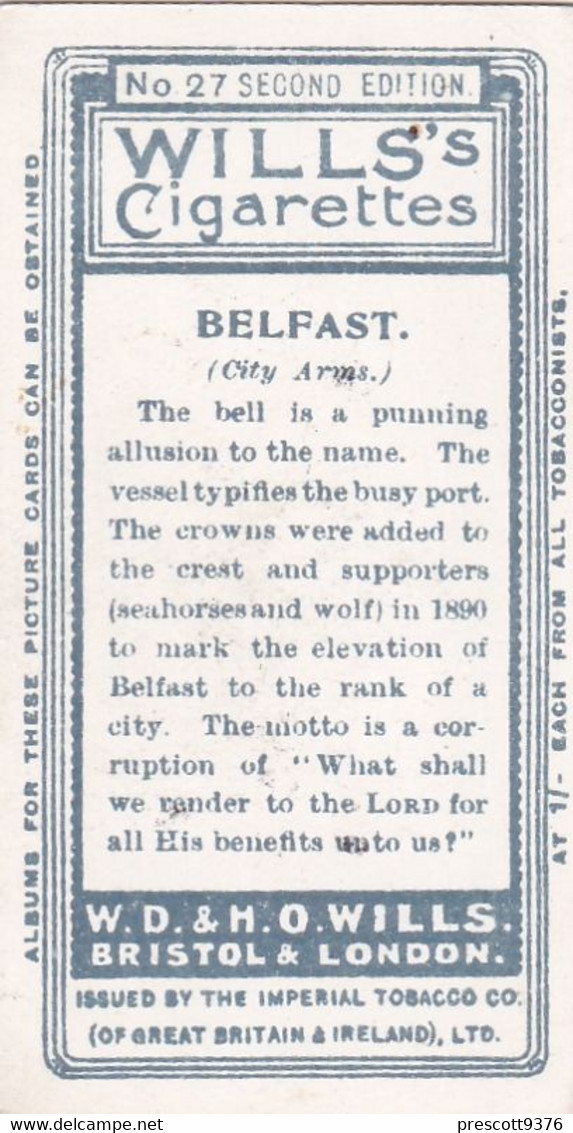 Borough Arms 1906 - 27 Belfast - Wills Cigarette Card - Original  - Antique - Wills