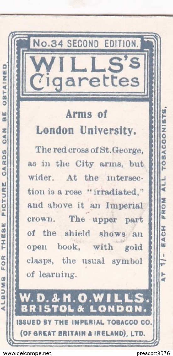 Borough Arms 1906 - 34 London University - Wills Cigarette Card - Original  - Antique - Wills