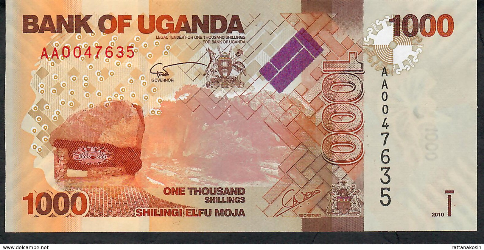 UGANDA P49a 1000 SHILINGI  2010 # AA0047635   FIRST DATE FIRST PREFIX LOW#  UNC. - Oeganda