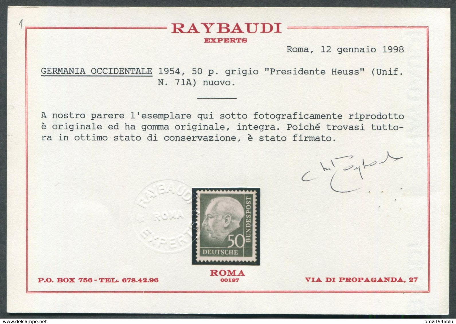 GERMANIA 1954 PRESIDENTE HEUSS 50 P. GRIGIO** MNH CERT. RAYBAUDI - Unused Stamps