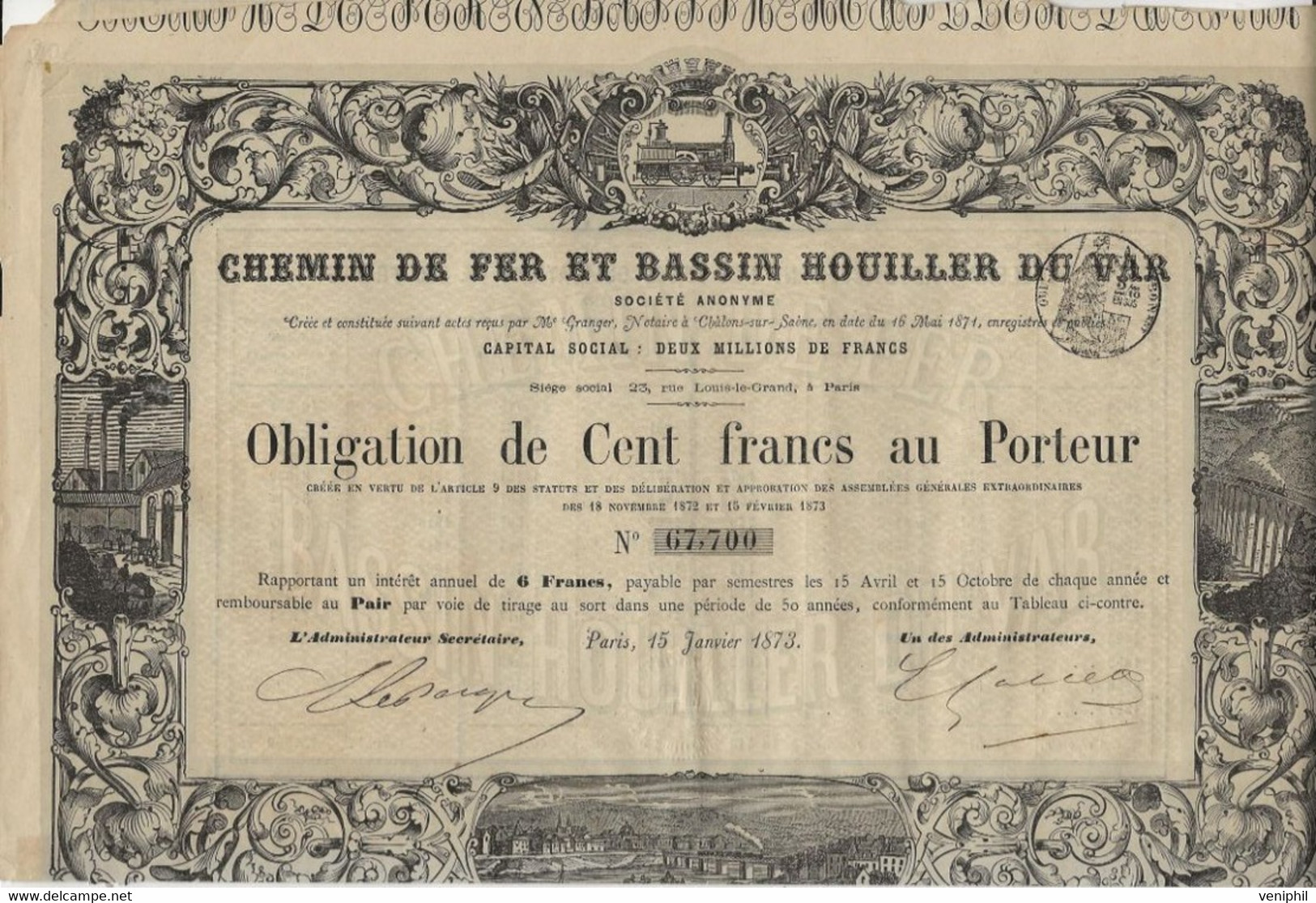 CHEMIN DE FER ET BASSIN HOUILLER DU VAR - OBLIGATION DE 100 FRS - ANNEE 1873 - Chemin De Fer & Tramway