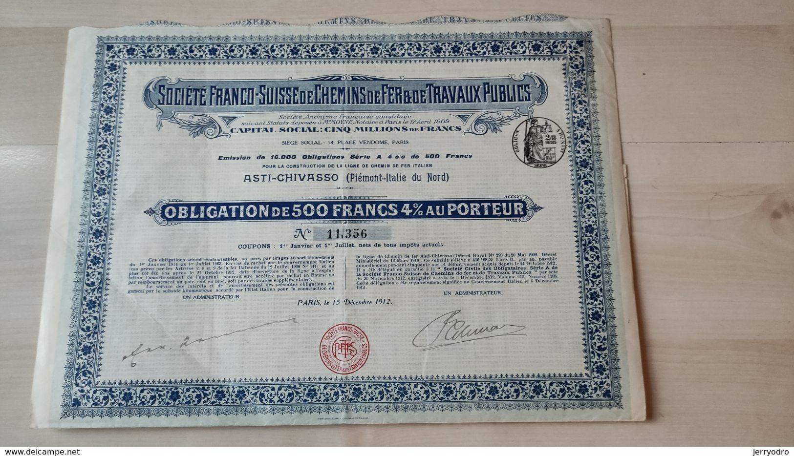 SOCIETE FRANCO-SUISSE De CHEMINS De FER Et De TRAVAUX PUBLICS - 1912* - S - V