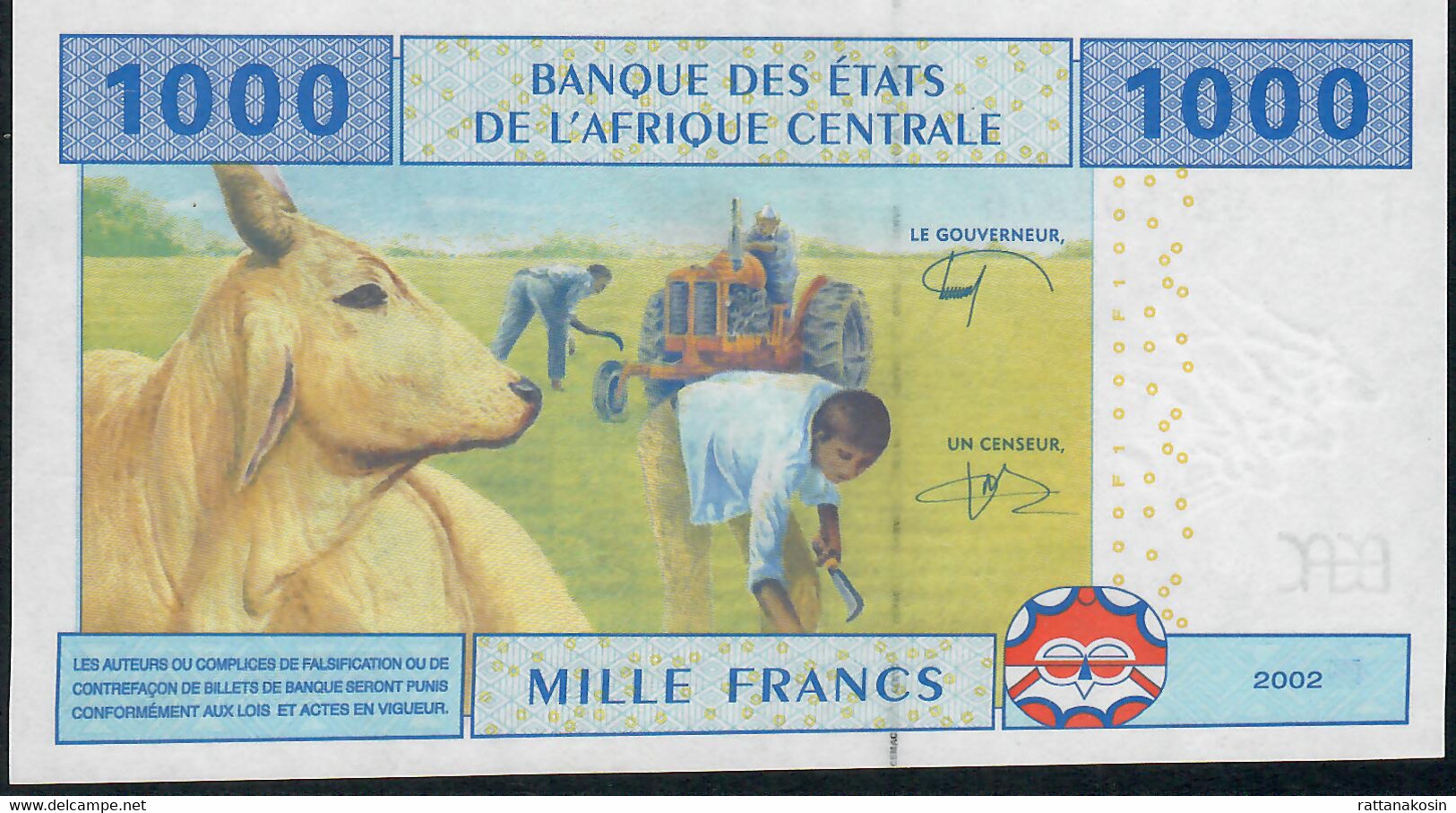 C.A.S. CHAD LETTER C P607Cd 1000 FRANCS 2002 Issued 2020 Signature 13 AUNC. Discret Vertical Central Fold - Central African States