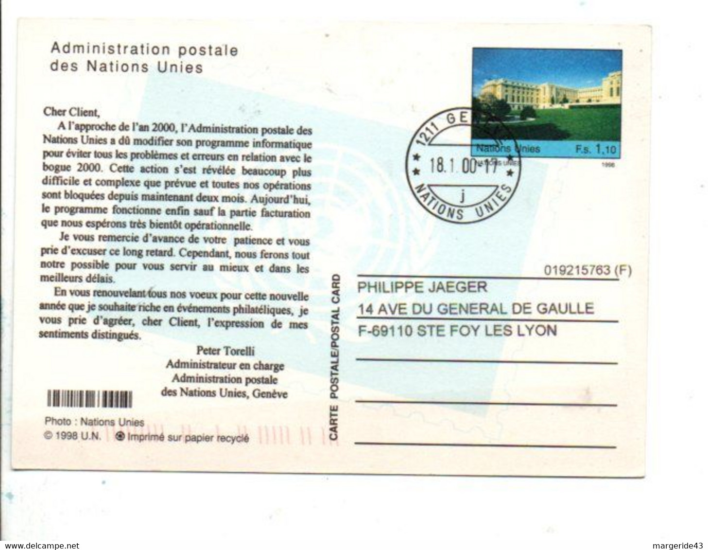 NATIONS UNIES ENTIER DE GENEVE POUR LA FRANCE 2000 - Storia Postale