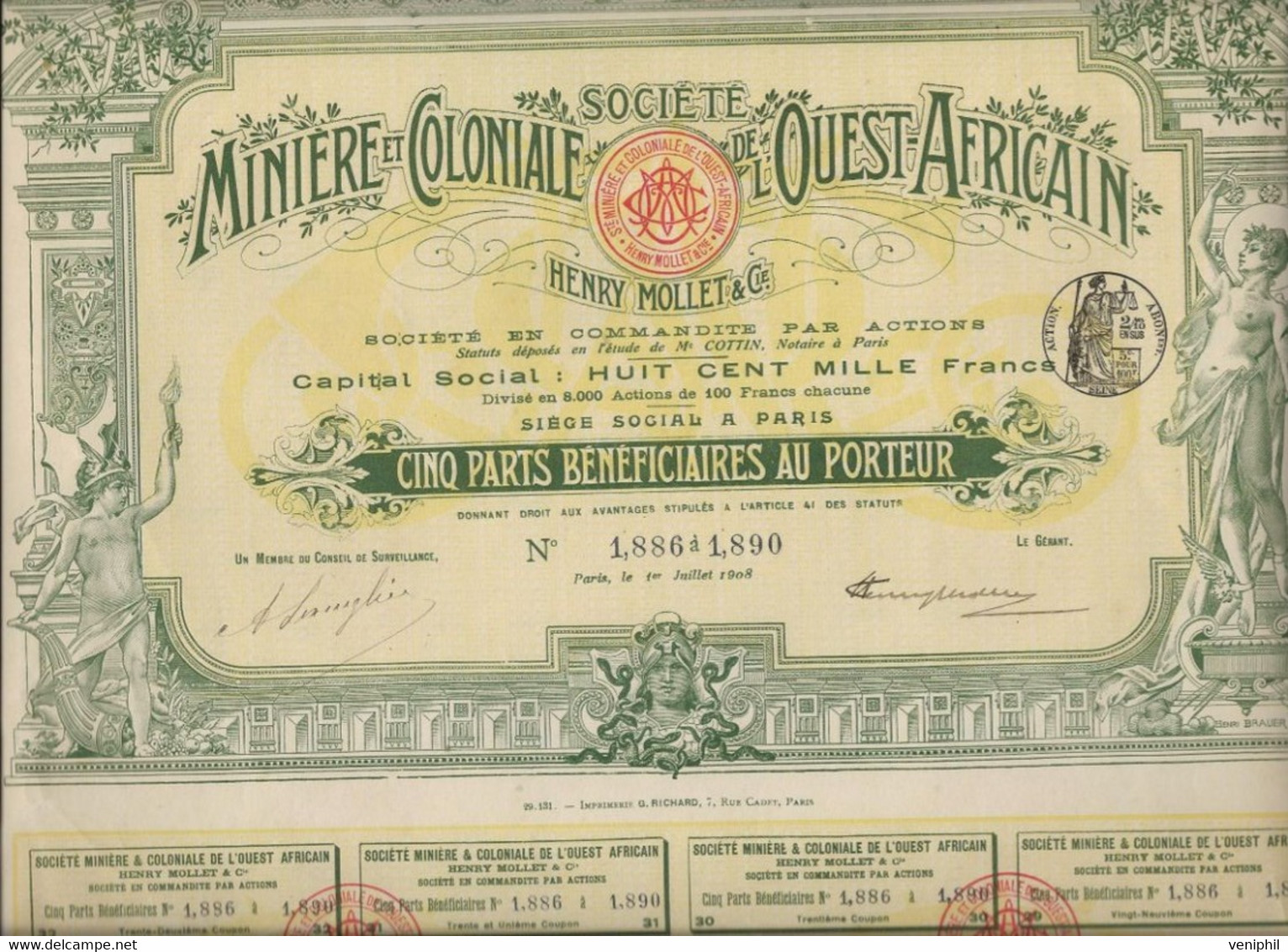 SOCIETE MINIERE ET COLONIALE DE L'OUEST AFRICAIN - ACTION DE CINQ PARTS BENEFICIAIRES -ANNEE 1908 - Mijnen