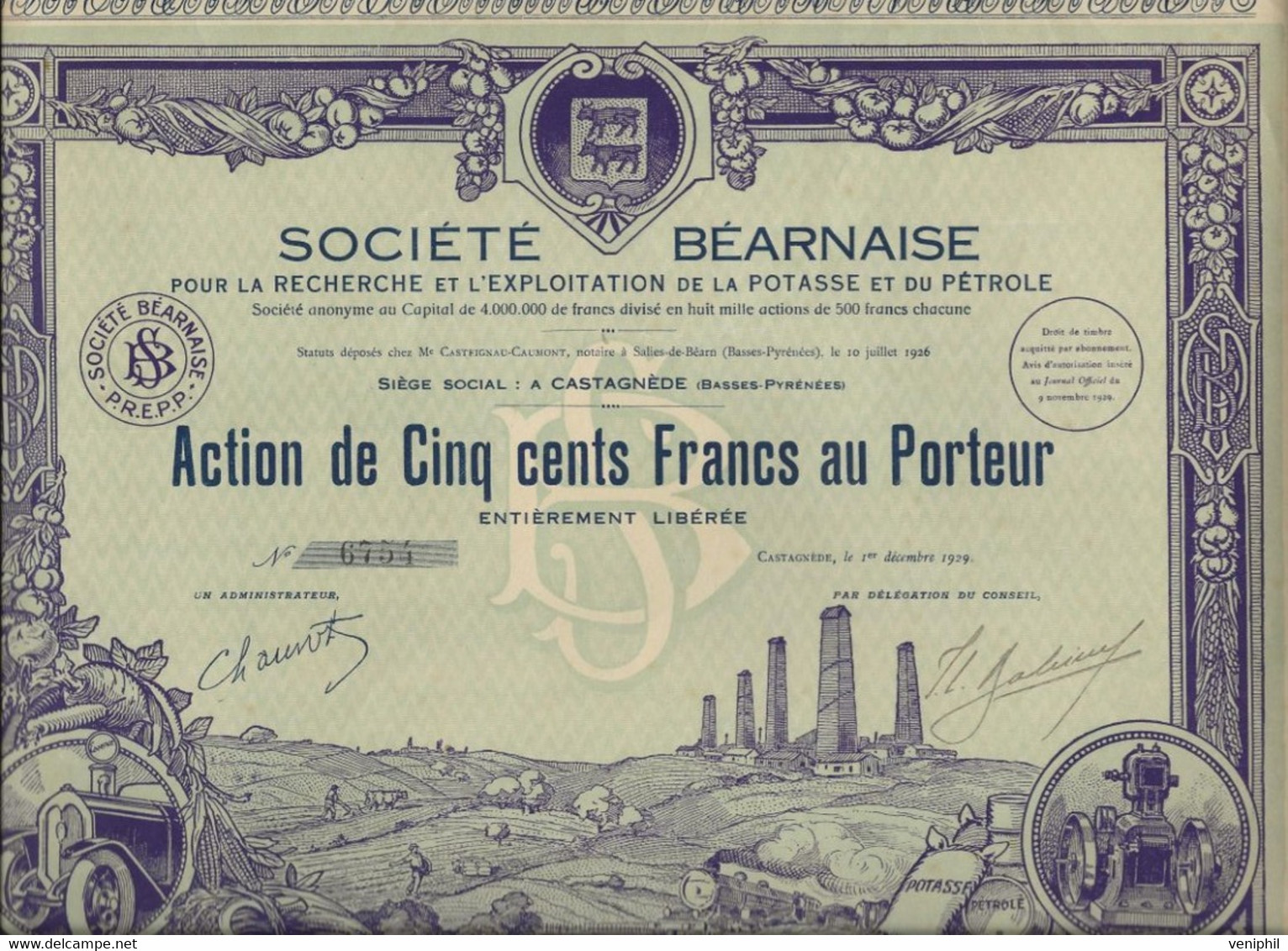 SOCIETE BEARNAISE POUR LA RECHERCHE ET L'EXPLOITATION DE LA POTASSE ET DU PETROLE -ACTION ILLUSTREE DE 500 FRS - 1929 - Mijnen