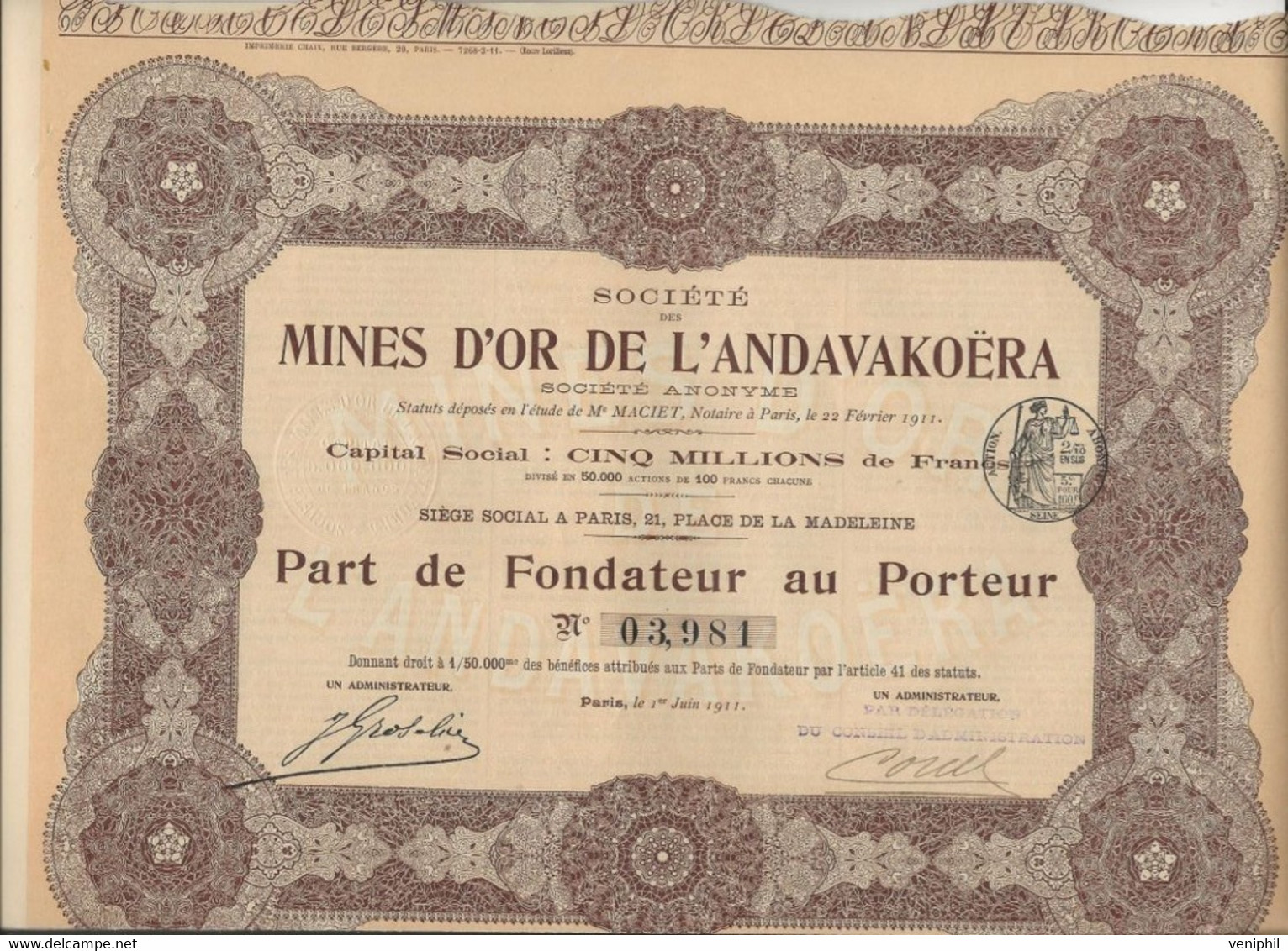MINES D'OR DE L'ANDAVAKOERA - LOT DE 4 PARTS FONDATEURS - ANNEE 1911 - Mijnen