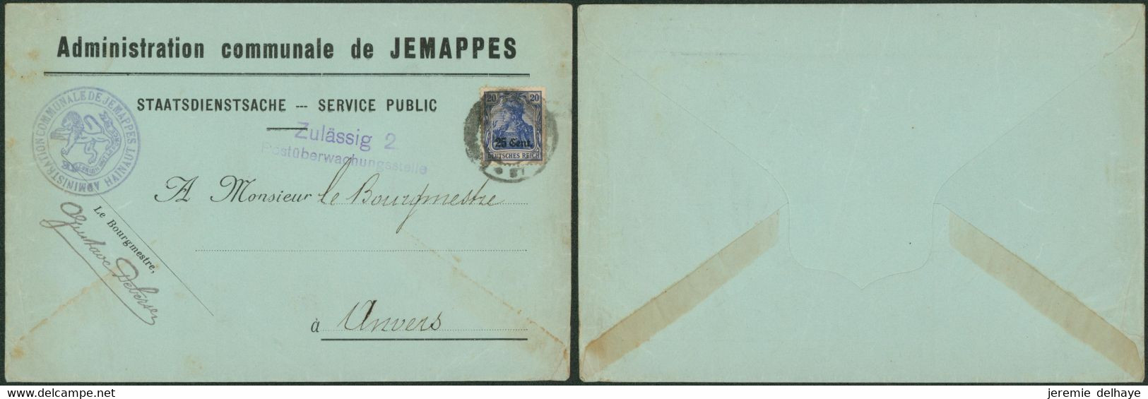Guerre 14-18 - OC31 Sur L. "Administration Communale De Jemappes" + Griffe Zulassig 2 > Anvers - OC26/37 Territori Tappe