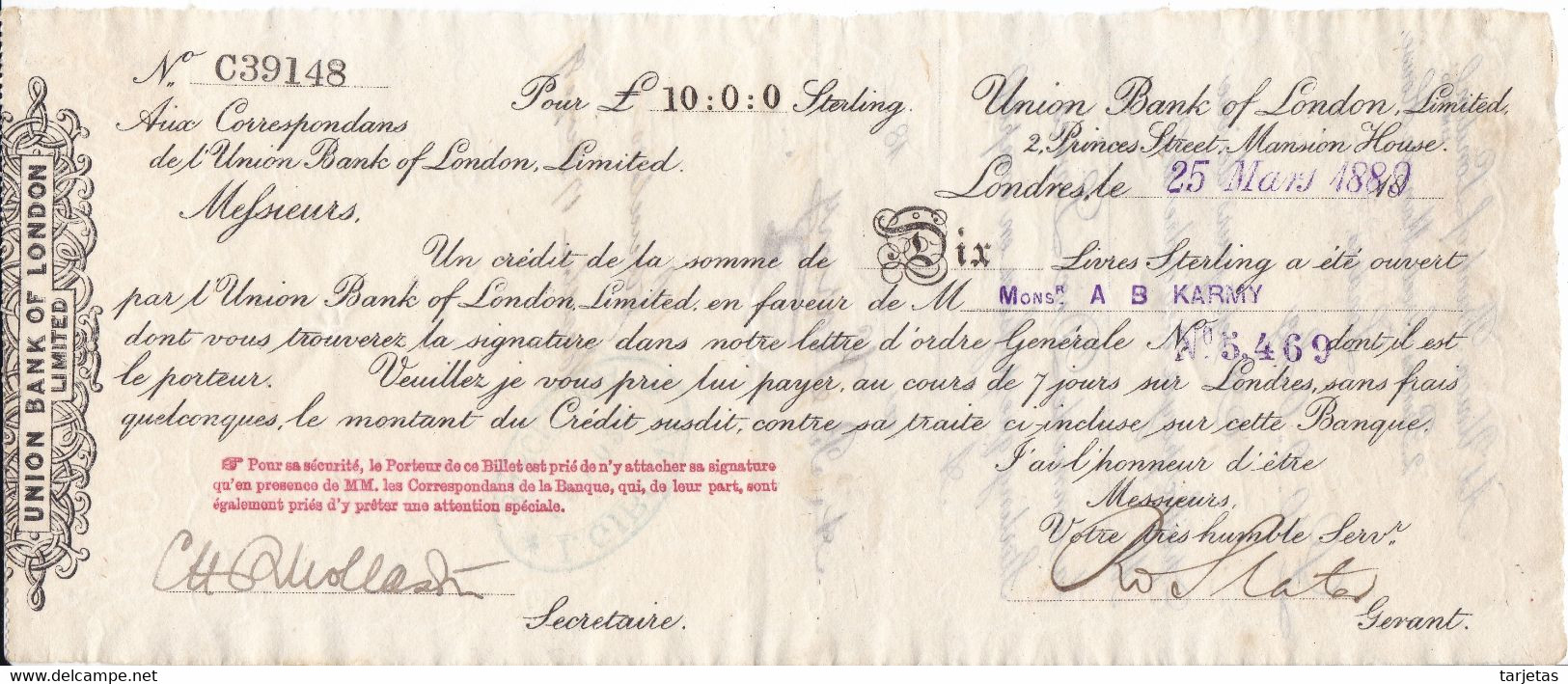 BILLETE DE REINO UNIDO DE 10 POUNDS DE UNION BANK OF LONDON DEL AÑO 1889  (LETTRE CREDIT) - 10 Ponden